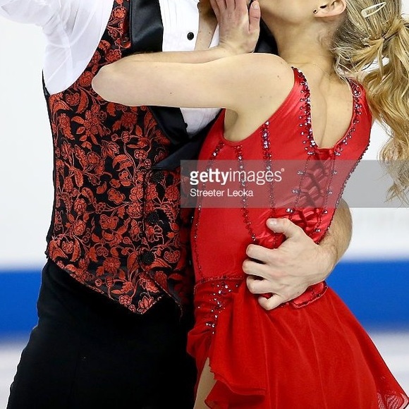 Red satin Swarovski figure skating dress - Picture 6 of 7